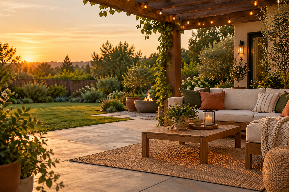 Warm, inviting Glow Veranda backyard patio at golden hour